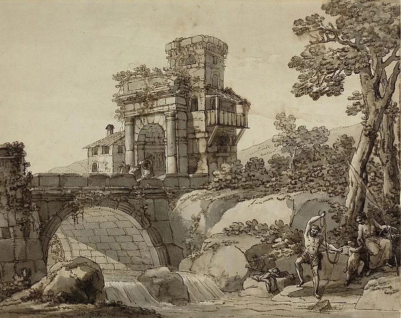 Paesaggio con ponte e rovine